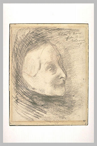 Tête de vieille femme, de trois quarts à droite, cheveux blancs en bandeaux