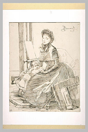 Femme et enfant près d'un chevalet et d'un carton à dessin