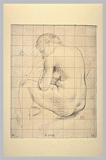 Femme nue, assise, de dos, tournée vers la gauche