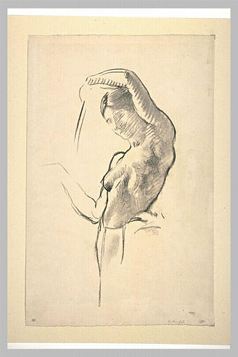 Jeune femme à demi nue, vue à mi-corps, levant le bras gauche