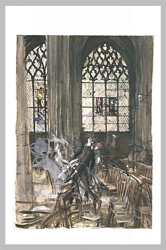 Personnages dans une église, regardant vers le haut