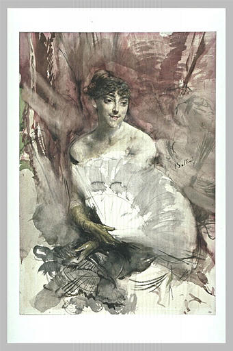 Femme à l'éventail, assise dans une loge : la comtesse de Rasti (?)