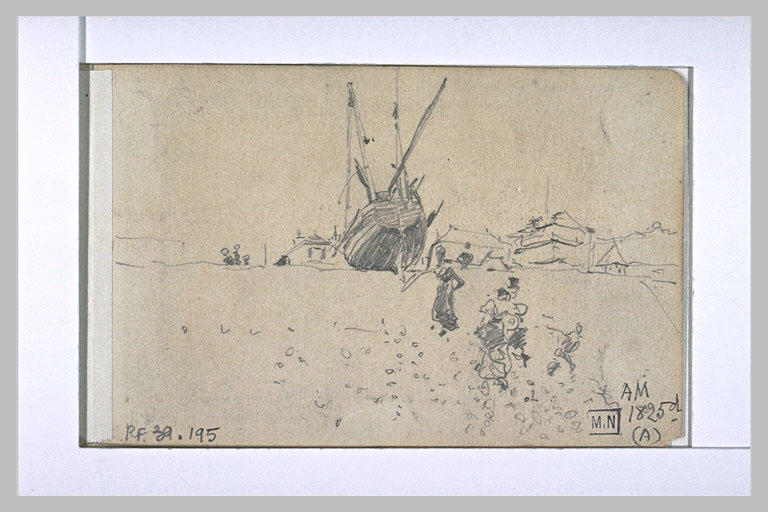 Bateau échoué sur la berge et quelques silhouettes au premier plan