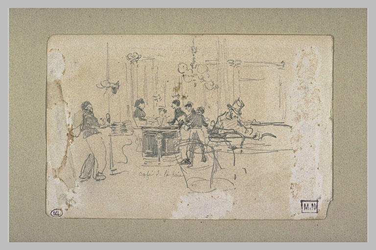 Intérieur de café avec un homme assis à droite, et plusieurs serveurs