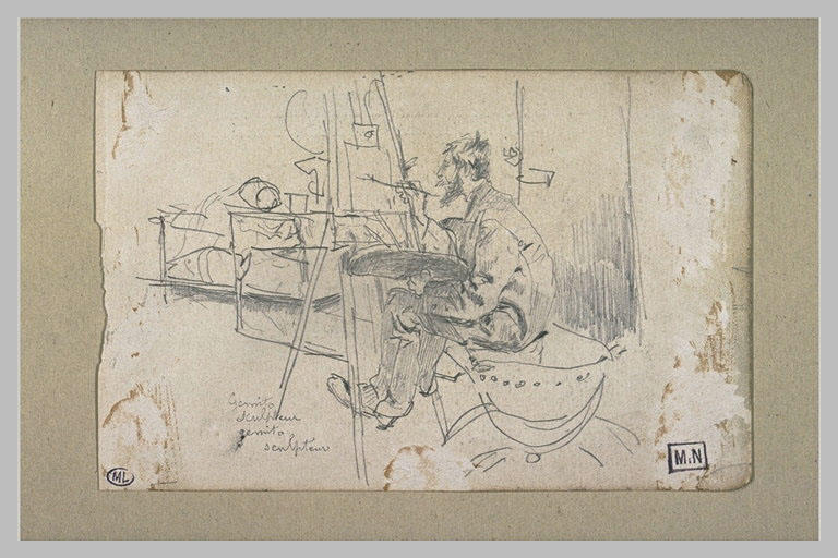 Artiste assis devant un chevalet, en train de peindre