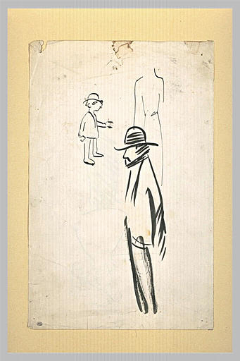 Trois silhouettes dont celle d'un personnage, mains derrière le dos