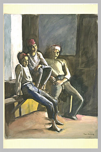 Trois jeunes Algériens assis sur un banc, dans l'angle d'une pièce