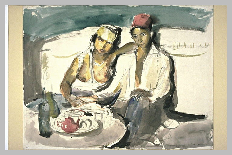 Couple d'Ouled Nail : assis devant une table ronde garnie d'une théière