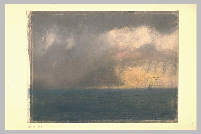 Coucher de soleil sur la mer et esquisse d'un petit bateau à voiles