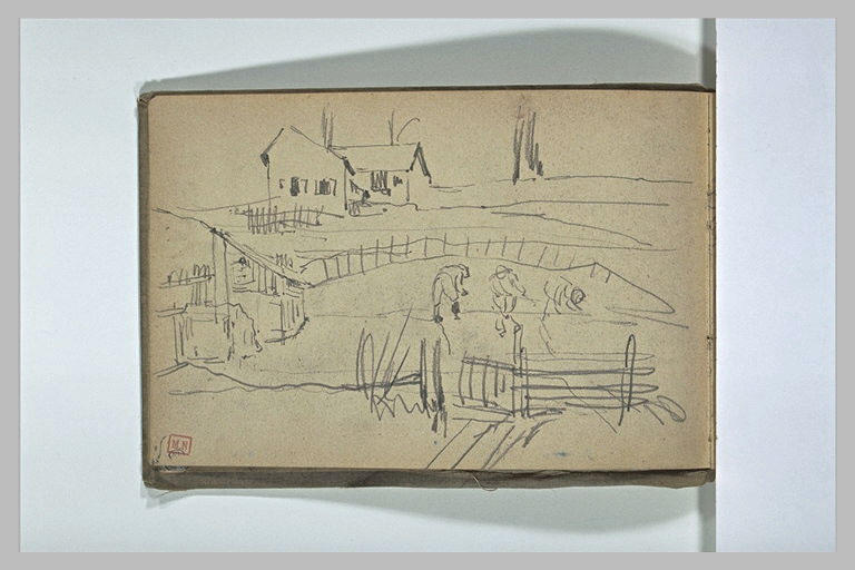 Trois paysans travaillant dans un champ avec des bâtiments autour d'eux