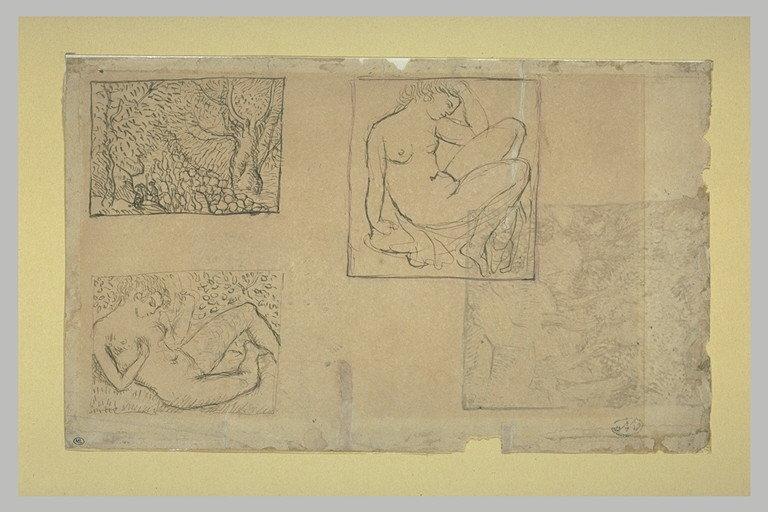 Feuille d'études : berger avec son troupeau de moutons et nus féminin