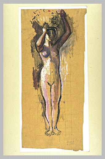 Femme algérienne debout, nue de face, les bras levés soutenant une corbeille