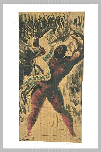 Colosse rouge, de face, élevant une femme au-dessus de son épaule droite