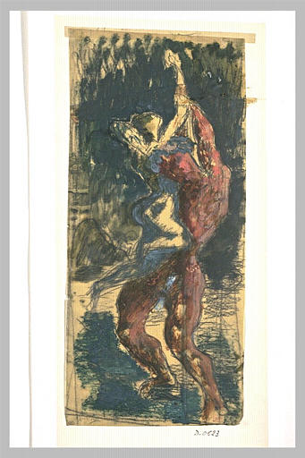Colosse rouge, debout de trois quarts élevant au-dessus de lui une femme nue