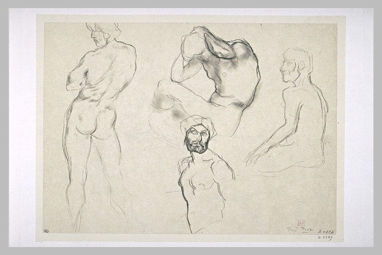 Quatre études d'hommes nus ; à gauche, homme debout de dos, les bras croisés