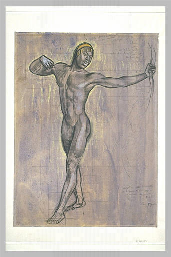 Archer nègre et nu tenant son arc du bras gauche et faisant le geste de ...