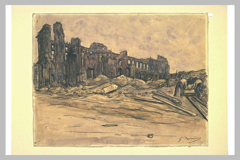 Démolition des ruines de la Cour des Comptes avec des ouvriers...