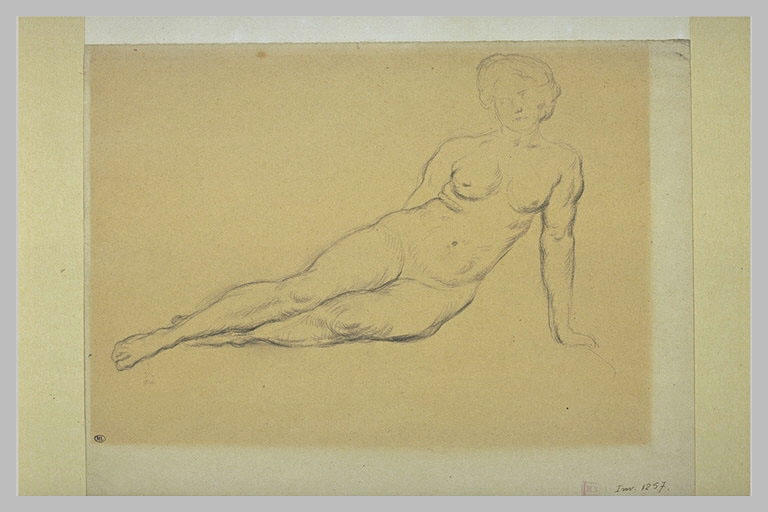 Femme nue, de face, étendue, appuyée sur un bras