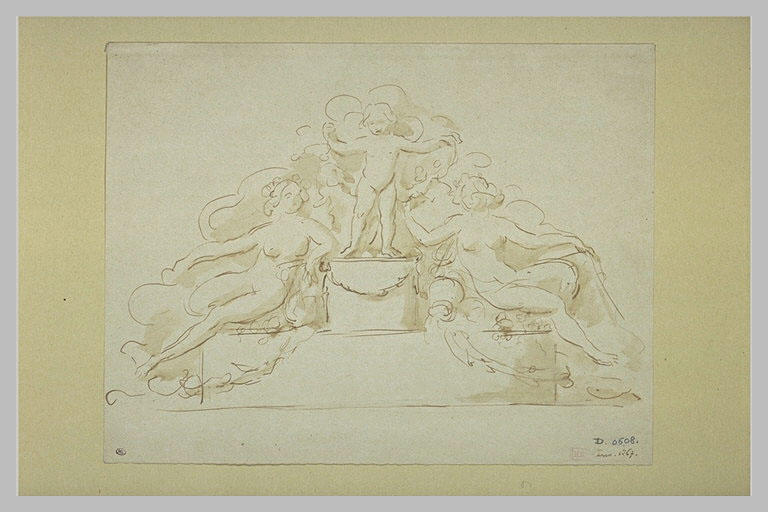 Etude pour un bas-relief : putto encadré par deux nymphes