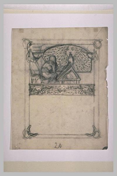 Etude pour Ilsée, chapitre II : Jeune homme près d'un lutin regardant une figure constellée d'étoiles