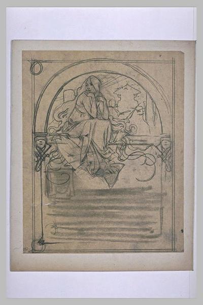 Etude pour Ilsée, chapitre III : Jeune femme aux longs cheveux, assise à califourchon sur une poutre