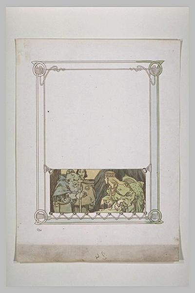 Etude pour Ilsée, chapitre III : Femme assise, regardant un moine barbu tenant un bâton orné d'une croix