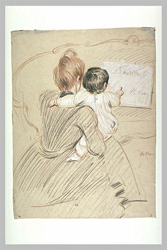 Madame Helleu, assise, de dos, tenant sa fille contre elle