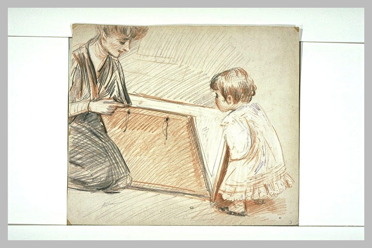Madame Helleu, à genoux, regardant un carton à dessin avec Paulette