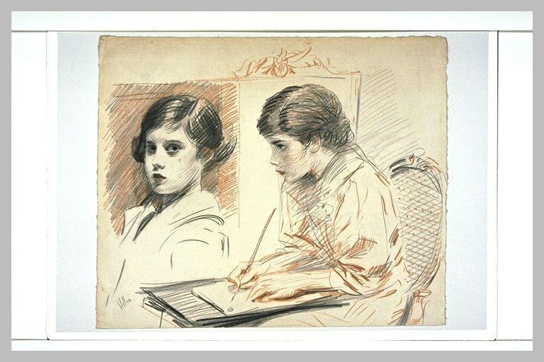 Paulette assise, de trois quarts à gauche, dessinant ; Paulette, en buste