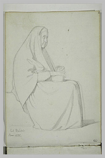 Vieille femme drapée, assise, vue de profil