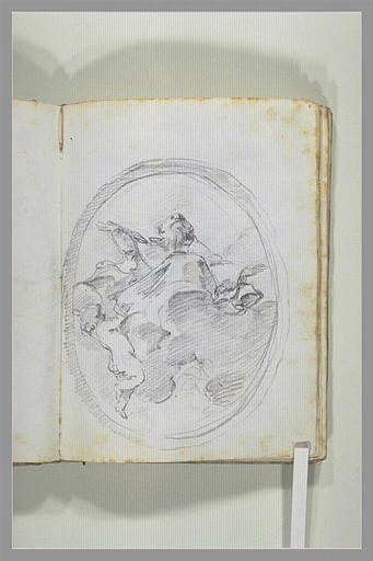 Un religieux, bras ouverts, tête levée, dans les nuées, soutenu par un putto