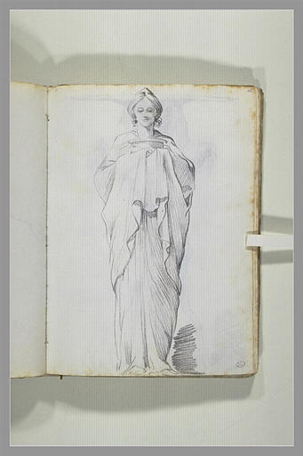 Etude de femme drapée, vue de face, présentant une coupe d'offrande...