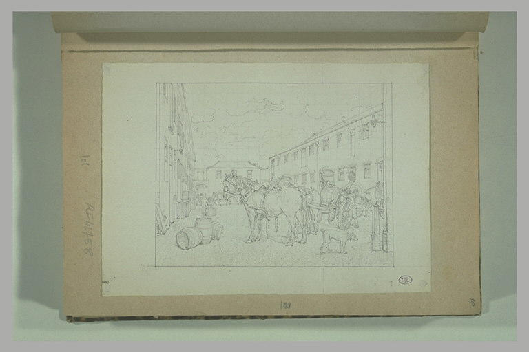 Chargement de tonneaux dans une cour de brasserie