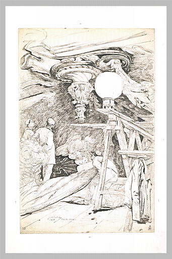 Mise en place des peintures de la voûte de la salle Garnier, de l'Opéra