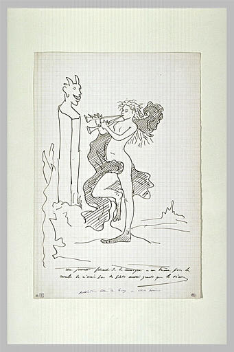 Scène caricaturale : figure jouant d'un instrument devant un terme