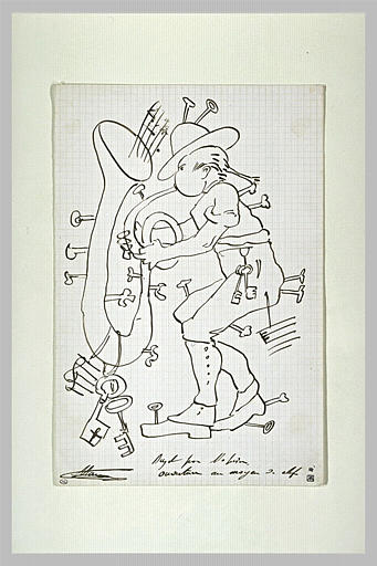 Croquis caricatural : personnage soufflant dans un instrument à vent