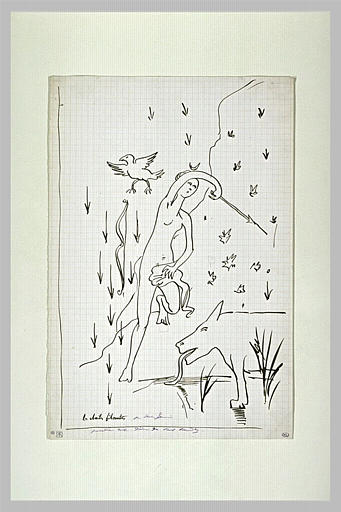 Scène caricaturale : figure féminine, au bord de l'eau, tenant une flèche