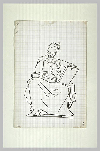 Figure drapée assise, tenant un livre, le coude posé sur un livre fermé