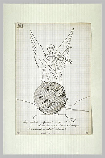 Scène allégorique : figure ailée jouant du violon et un personnage en boule