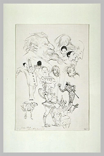 Feuilles d'études de têtes ; Pierrot ; Arlequin ; Polichinelle ; chien