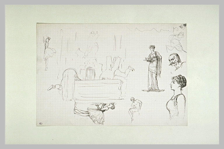 Etudes : danseuses, figure drapée à l'antique, personnages