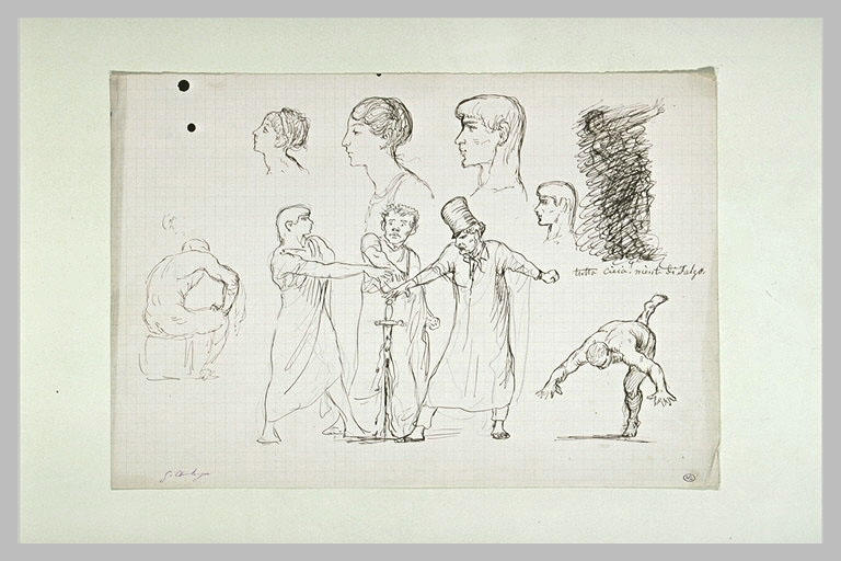 Etudes : personnages prêtant serment, têtes, figure assise, figure penchée