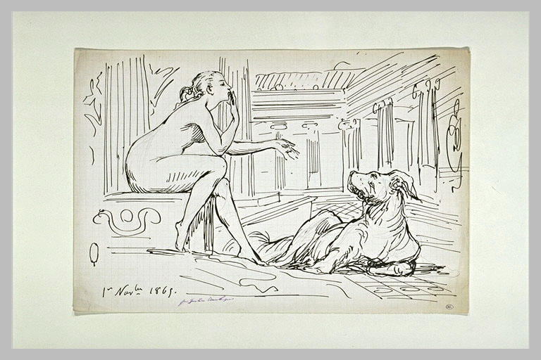 Dans un palais, femme nue, assise, envoyant un baiser à un chien