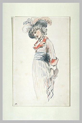 Jeune femme vêtue d'une robe à raies tricolores, coiffée d'un chapeau