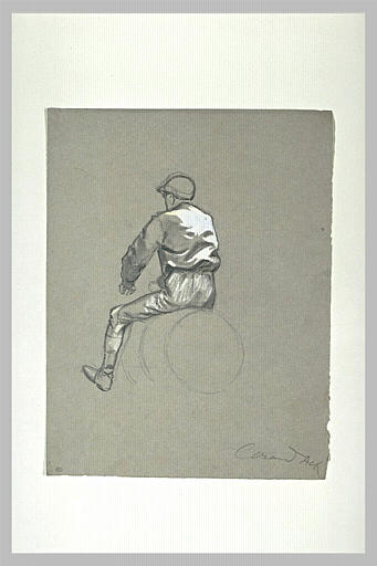 Jockey à cheval, de dos, tourné vers la gauche