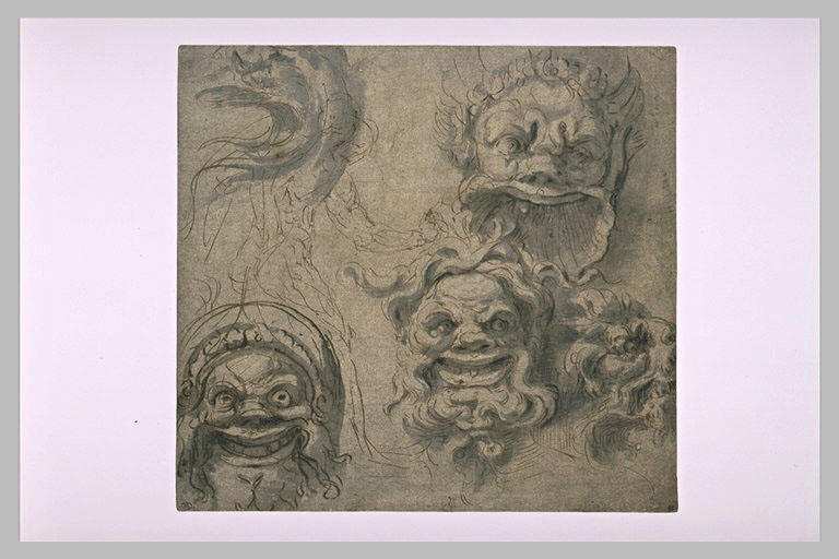 Masques grimaçants, pour un décor ; esquisse d'homme nu