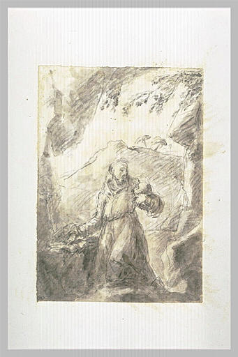 Saint François agenouillé à l'entrée d'un grotte