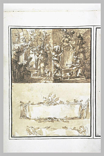 Figures tentant d'extraire du vin d'un tonneau