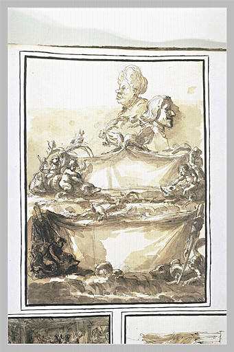 Etude d'une fontaine de rocailles et deux têtes d'hommes caricaturés