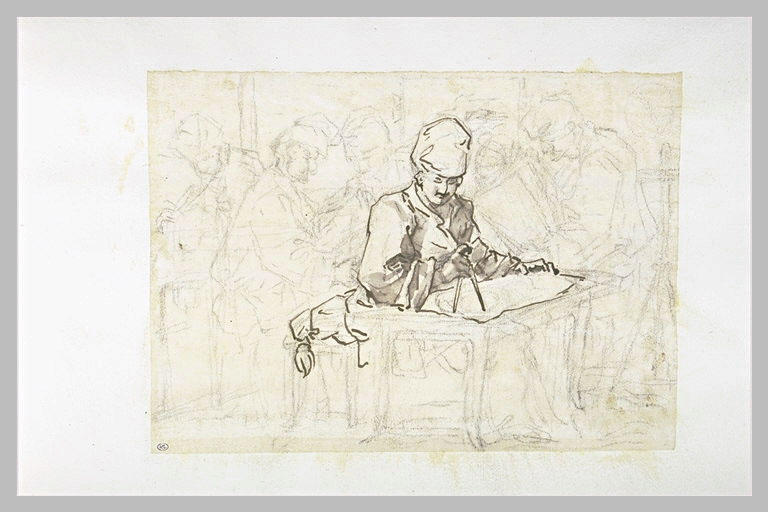 Salle d'étude avec des hommes dessinant et lisant